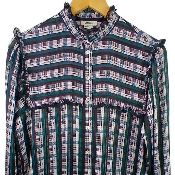 Jason Wu SZ 6 Striped Plaid Ruffle Blouse Cactus Rose Multi As Seen On TV $450 - Picture 3 of 7
